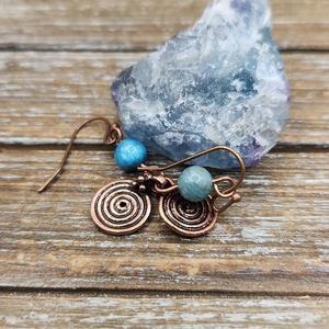 Neon Blue Apatite and Copper Spiral Drop Earrings